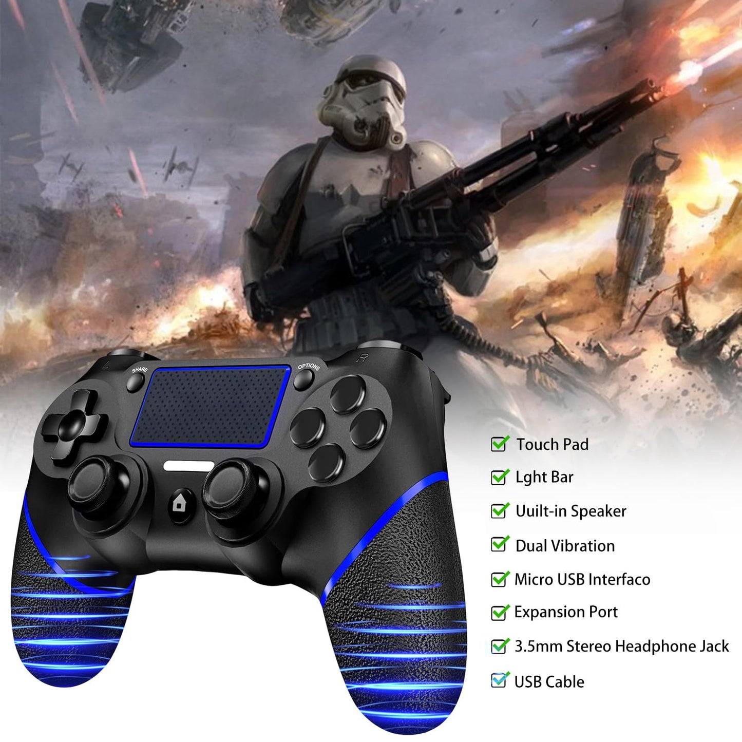 SZDILONG Wireless Controller for PS4/Pro/Slim/PC, Blue Black, Touchpad, Six-axis Motion Control, Charging Cable Included