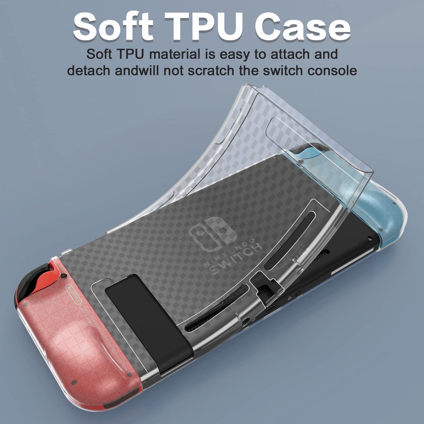 HEYSTOP Switch Case with Screen Protector for Nintendo Switch, Clear TPU, Includes 6 Thumb Grip Caps, Model AS-TPUCase-G