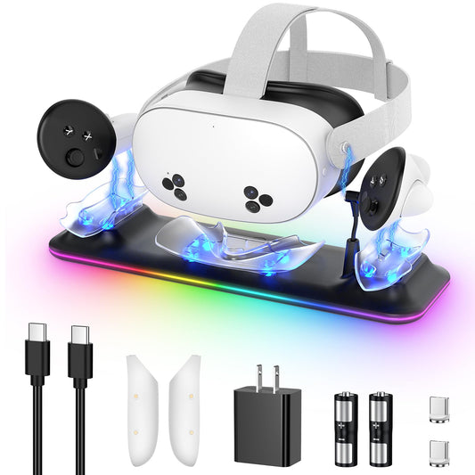 Kinwin Charging Dock for Meta Quest 3S, Fast PD 18W Station with RGB Light, Magnetic Stand, 2 Rechargeable Batteries, Black