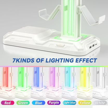 KDD RGB Headphone & Controller Stand - Wireless Charging, 9 Light Modes, 2 USB Ports, White, Model KDD-752W