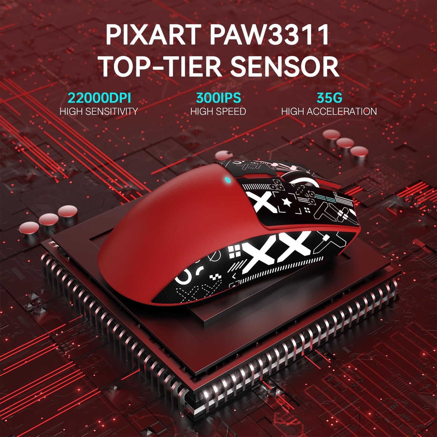 ATTACK SHARK X11 Lightweight Wireless Gaming Mouse - RGB, 22K DPI, Tri-Mode (2.4G/USB-C/BT), Red with Anti-slip Sticker