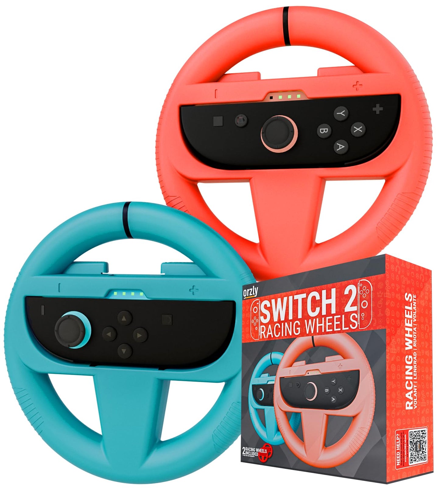 Orzly Steering Wheels Compatible with Nintendo Switch 2 (2025 Console) Twin Pack Racing Wheel Accessories for Joy Con Controllers and MarioKart Racing Games (1 Red 1 Blue) Gift Boxed