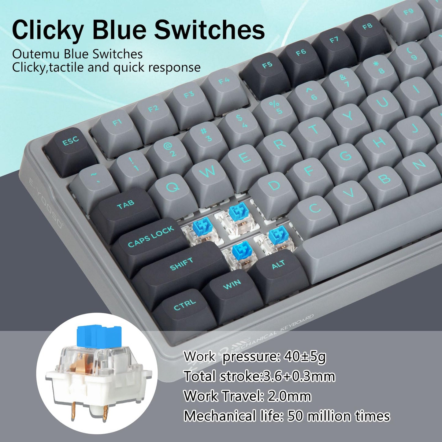 E-YOOSO Wired Mechanical Gaming Keyboard - Clicky Blue Switches, RGB Side Light, Gasket Structure, 99 Keys, Model: a7ea131c, Gray/Black