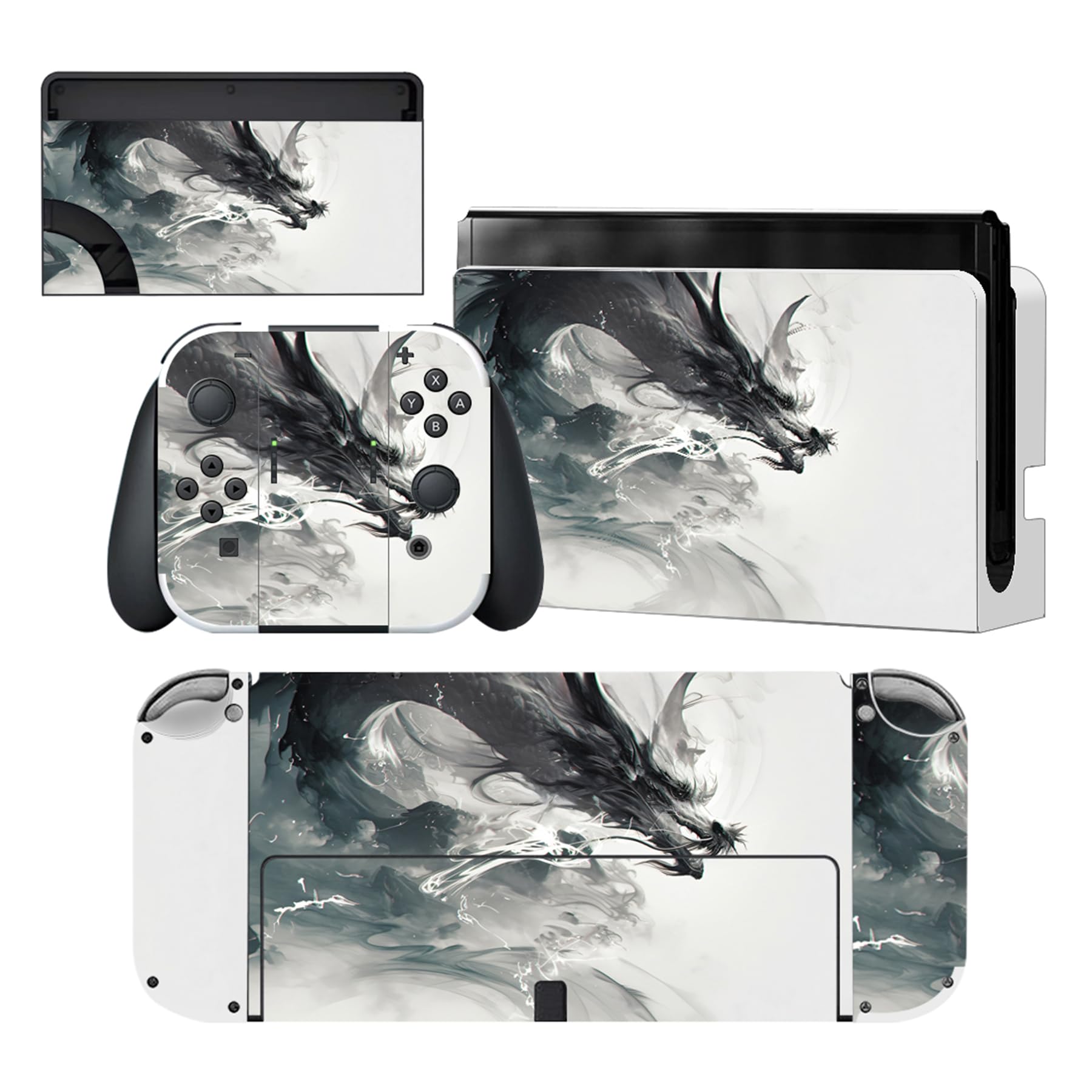 PlayVital for Nintendo Switch OLED Skins Full Set - No-Residue Protective Vinyl Decal Wrap Sticker for Switch OLED Console  Dock  Joycon & Hand Grips - Ink Spirit Dragon
