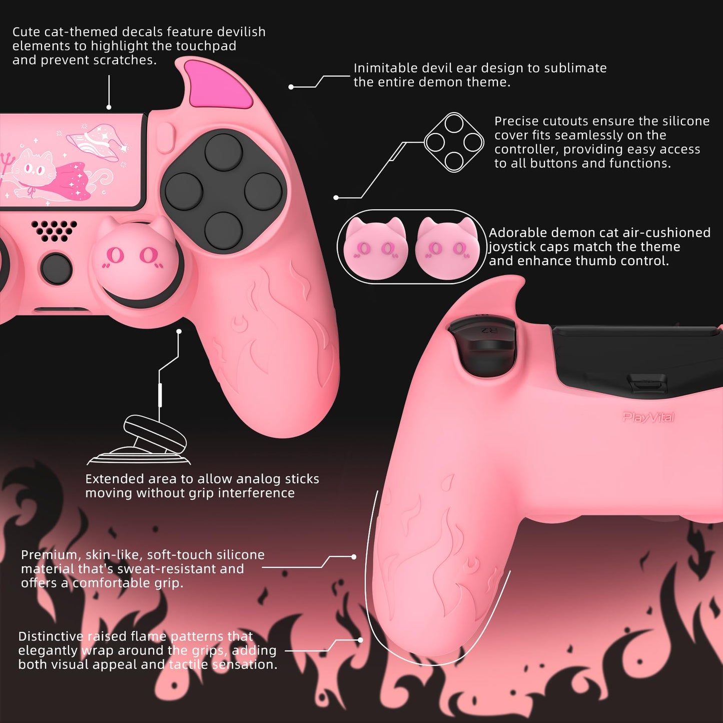 PlayVital PS4 Cute Demon Controller Skin - Pink Silicone Anti-Slip Cover with Thumb Grips, Model BRJP4P003, Compatible with PS4 Slim/Pro