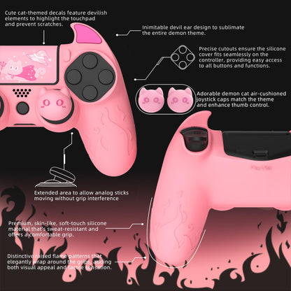 PlayVital PS4 Cute Demon Controller Skin - Pink Silicone Anti-Slip Cover with Thumb Grips, Model BRJP4P003, Compatible with PS4 Slim/Pro