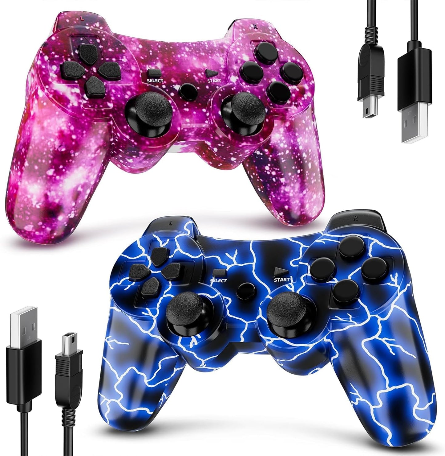 Degulan Controller for PS-3 Wireless, Gaming Remote Joystick for Play 3 with Charger Cable Cord (BlueFlash and PurpleSky)