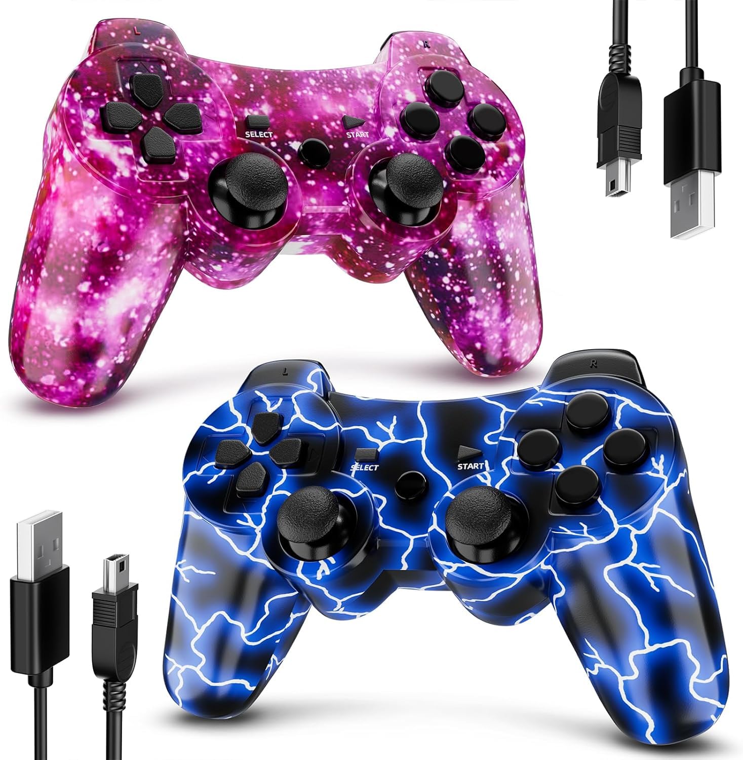 Degulan Controller for PS-3 Wireless, Gaming Remote Joystick for Play 3 with Charger Cable Cord (BlueFlash and PurpleSky)