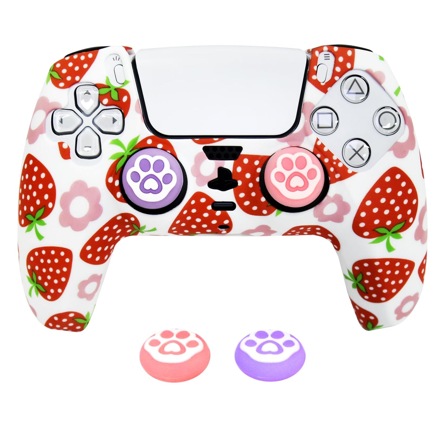 HLRAO Strawberry Silicone Cover for PS5 Controller - Anti-Slip Protective Skin Grip with 2 Thumb Caps | Cute Pink Kawaii Gaming Accessory (Soft Touch  Washable)