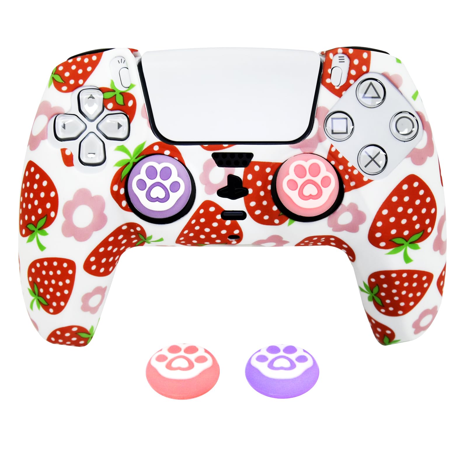 HLRAO Strawberry Silicone Cover for PS5 Controller - Anti-Slip Protective Skin Grip with 2 Thumb Caps | Cute Pink Kawaii Gaming Accessory (Soft Touch  Washable)