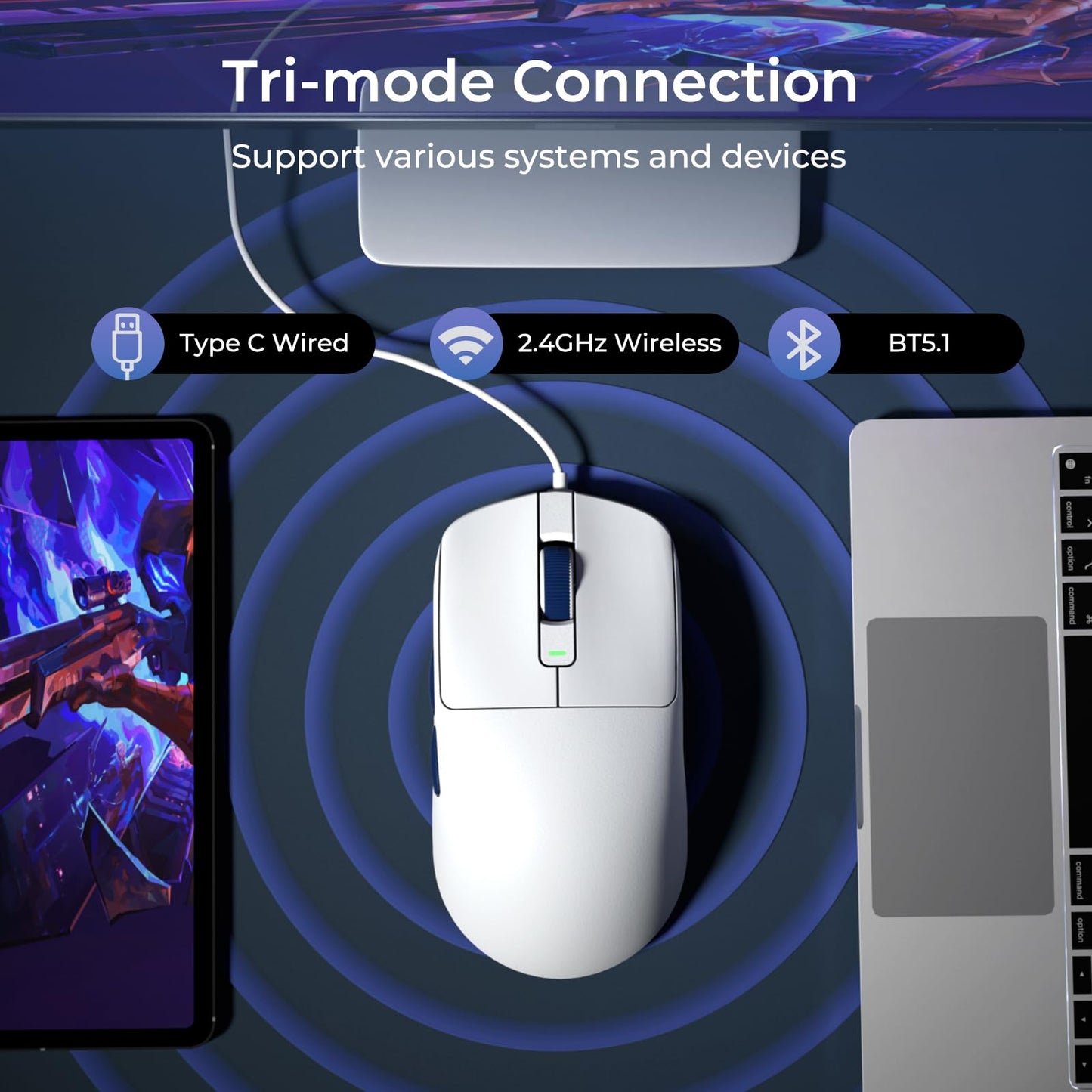 RK ROYAL KLUDGE RK M30 Wireless Gaming Mouse - 24000 DPI, Ultra-Lightweight 43g, 5 Programmable Buttons, White, Bluetooth/USB-C