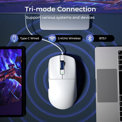 RK ROYAL KLUDGE RK M30 Wireless Gaming Mouse - 24000 DPI, Ultra-Lightweight 43g, 5 Programmable Buttons, White, Bluetooth/USB-C