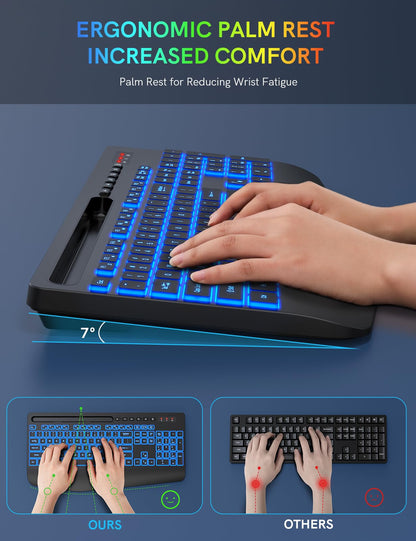 Trueque Wireless Ergonomic Keyboard - Rechargeable with 7 Backlit Colors, Silent Keys, Phone Holder, Black
