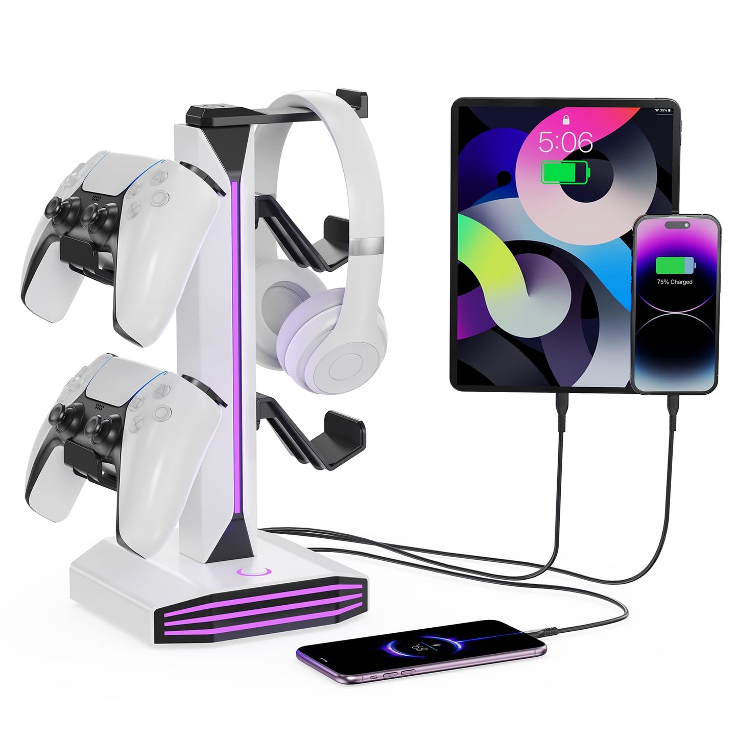Meiboshin RGB Headphone Stand - Desk Gaming Headset Holder with USB & Type-C Ports, Rotatable, White, Model MBX-J101D