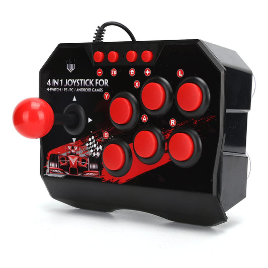 PUSOKEI Universal Nostalgia Fight Stick - Ergonomic USB Wired Joystick for PC/Switch/PS3, Black and Red