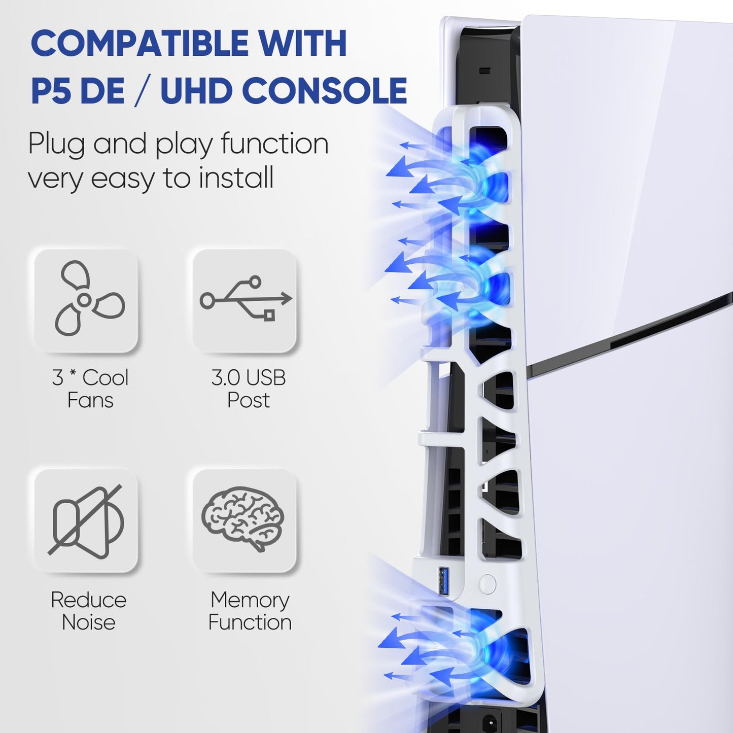 Klipdasse PS5 Slim Cooling Fan - 3 Speed, Silent, Auto On/Off, USB 3.0, LED Light, White, Model P5S6W