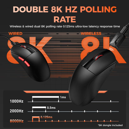 DAREU A950 Wireless Gaming Mouse - 8K Polling Rate, 30K Optical Sensor, 5 Programmable Buttons, Lightweight 1.23oz, Black
