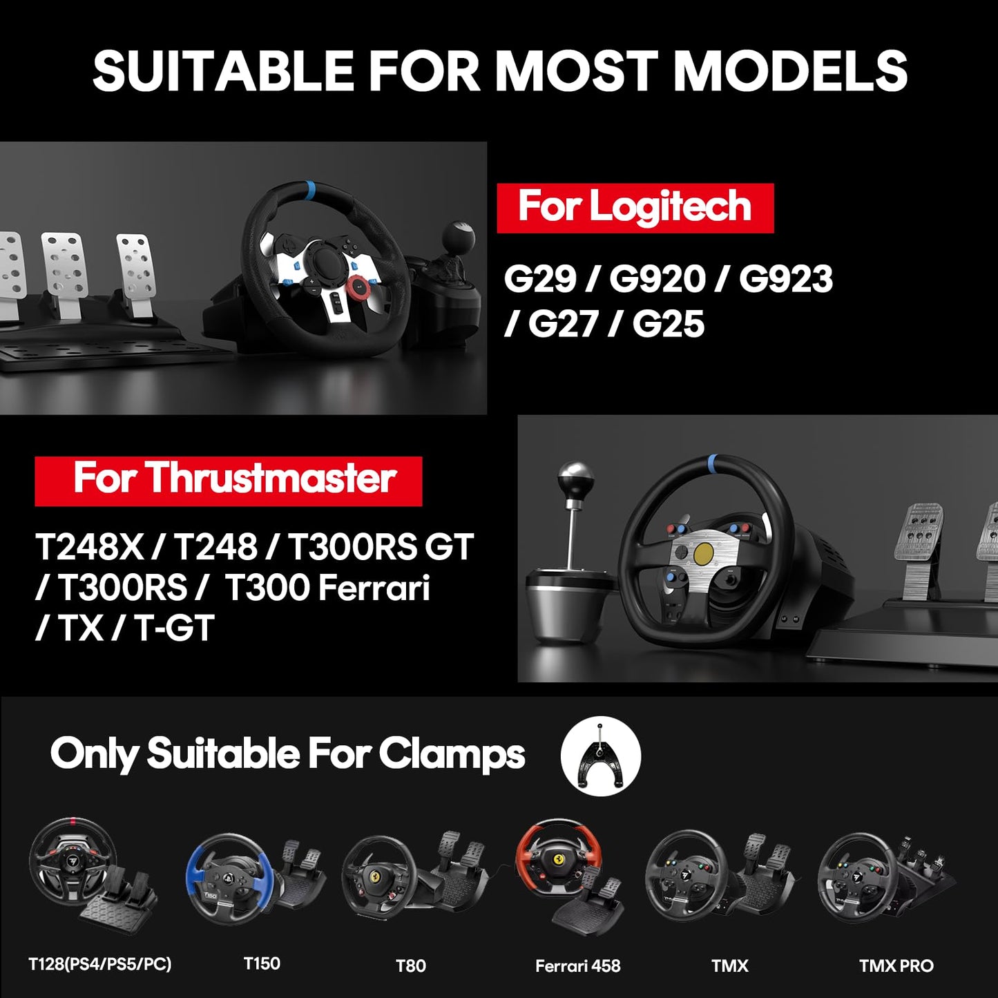 RACGTING Racing Wheel Stand - Foldable Adjustable for Logitech G29/G920/G923, Thrustmaster T248/T300RS - Black - Model T200601