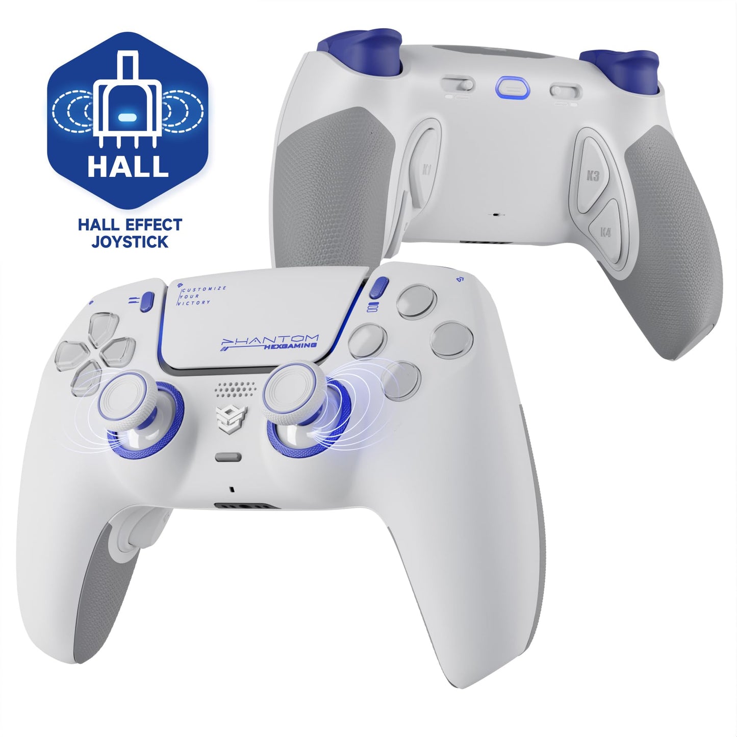 HEXGAMING PHANTOM Pro Controller with 4 Remappable Buttons  6 Remapping Profiles  8 Interchangeable Analog Stick  and Adjustable control buttons Compatible with ps5  PC  Mobile - Hall Effect Vision White
