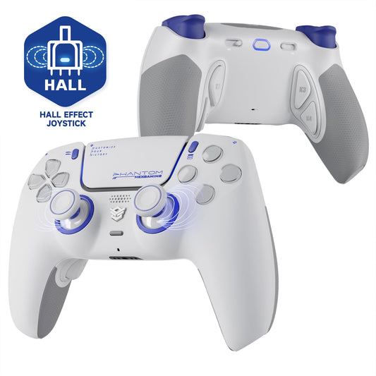 HEXGAMING PHANTOM Pro Controller with 4 Remappable Buttons  6 Remapping Profiles  8 Interchangeable Analog Stick  and Adjustable control buttons Compatible with ps5  PC  Mobile - Hall Effect Vision White