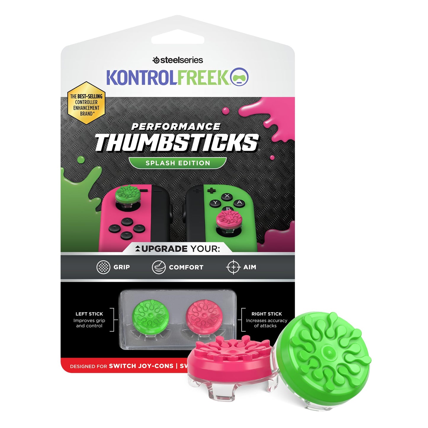 KontrolFreek Splash Performance Thumbsticks for Nintendo Switch Joy-Con Controller | Concave | Green/Pink