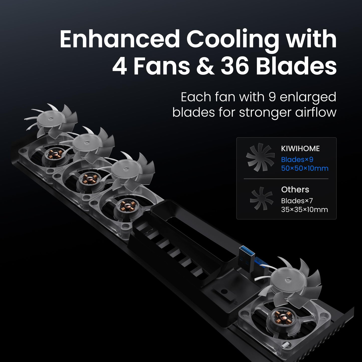 KIWIHOME PS5 Pro Cooling Fan - 4 Fans, Adjustable Speed, USB3.0, Black, Model PX10U