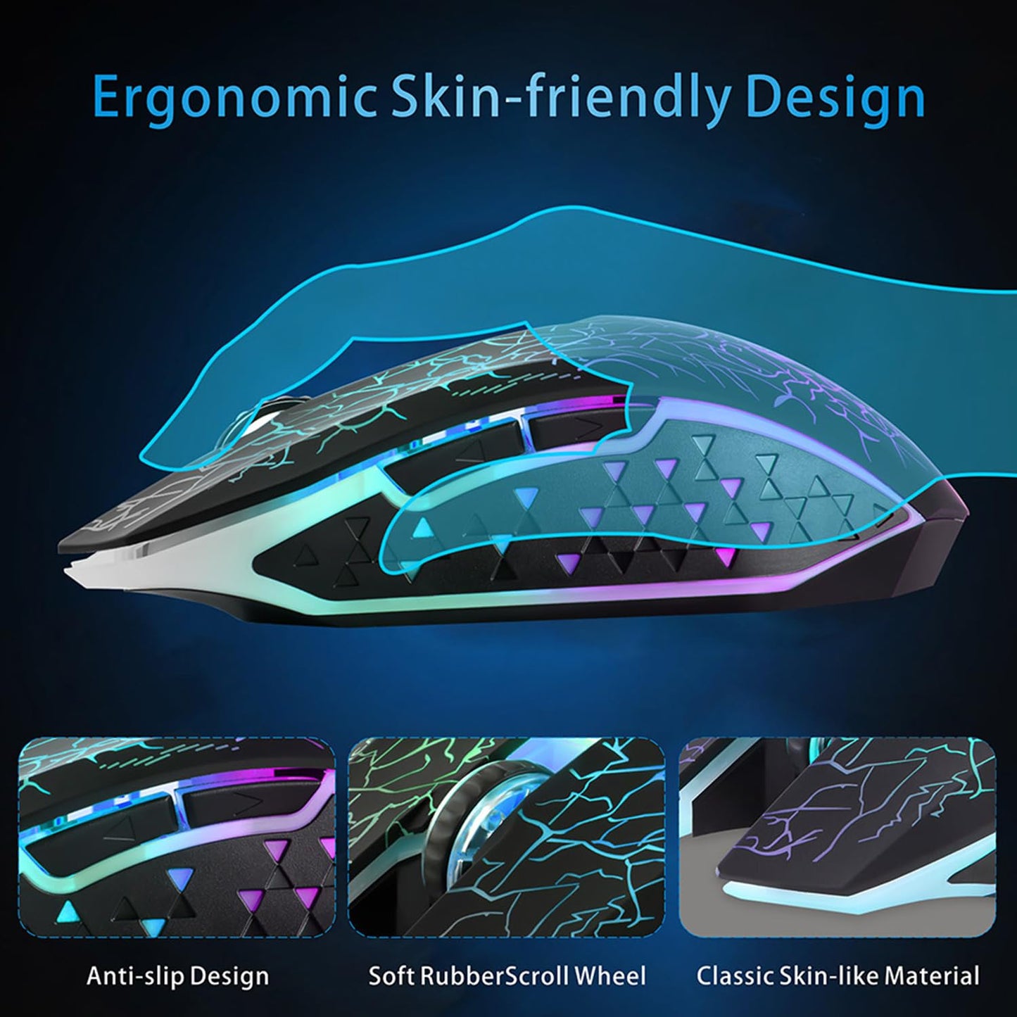 TENMOS M2 Wireless Gaming Mouse - Silent, Rechargeable, 7-Color LED, Ergonomic, 3 Adjustable DPI, Black