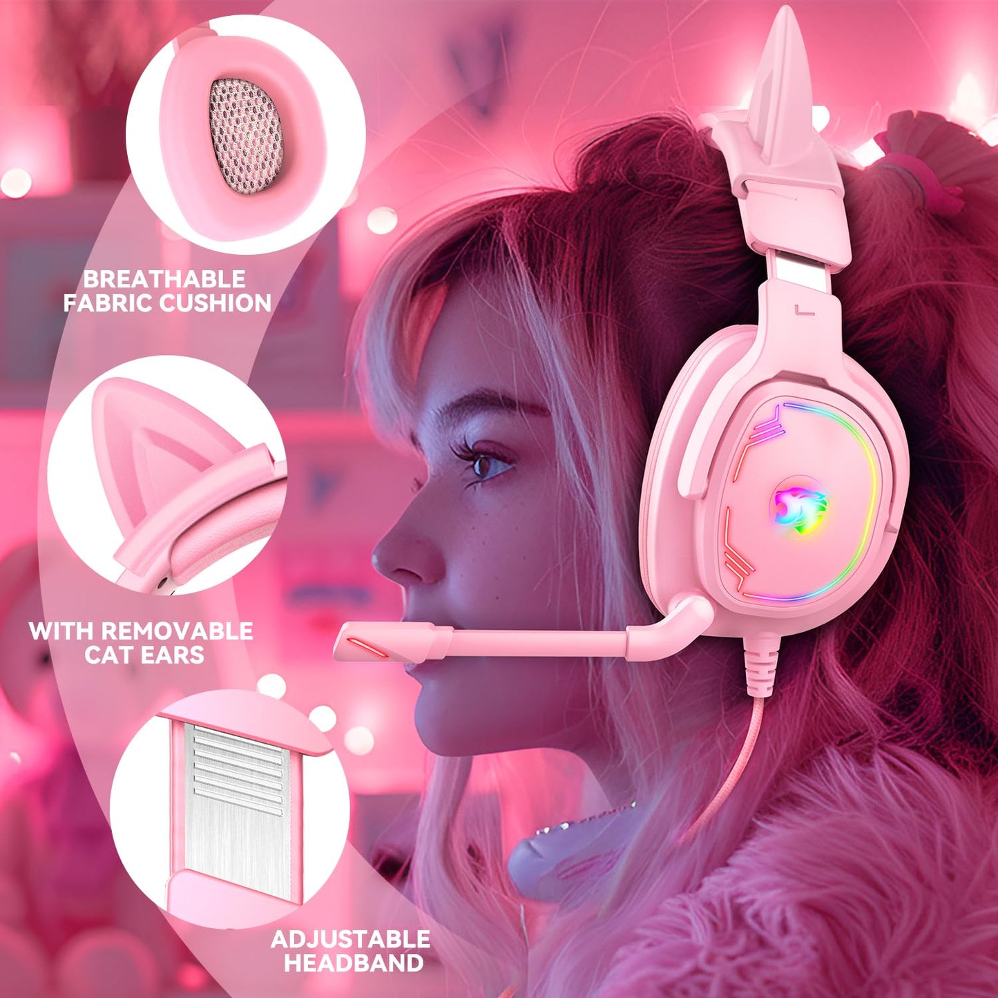 Jimonyer Gaming Headset - Stereo Surround Sound, Noise Canceling Mic, RGB Light, 3.5mm Jack, PinkCat, Model A82