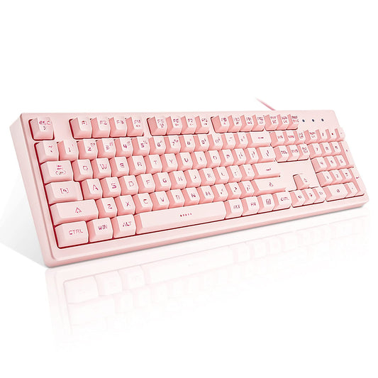 Basaltech Pink Keyboard with 7-Color LED Backlit  104 Keys Quiet Silent Light Up Keyboard  19-Key Anti-Ghosting Cheap Gaming Keyboard Mechanical Feeling Waterproof Wired USB for Computer  Mac  Laptop