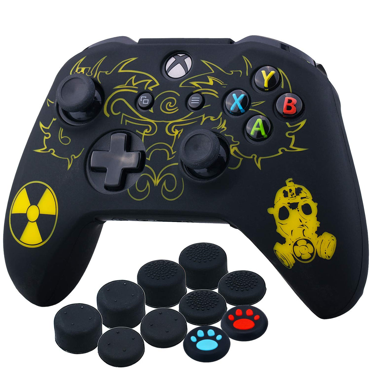 YoRHa Laser Carving Silicone Cover Skin Case for Xbox One S/Xbox One X Controller x 1(Radiation) with Thumb Grips x 10