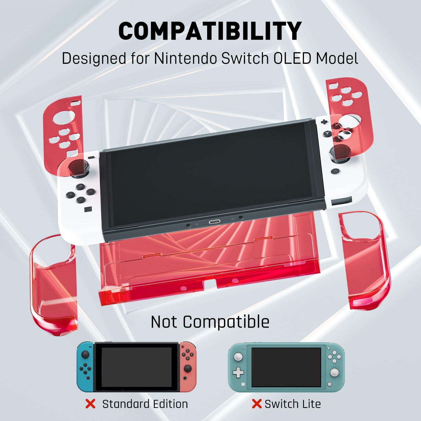 FANPL Dockable Clear Case for Nintendo Switch OLED 2021 - Red, Strong & Durable Protective Cover for Joy Con Controller, Model NOD-18