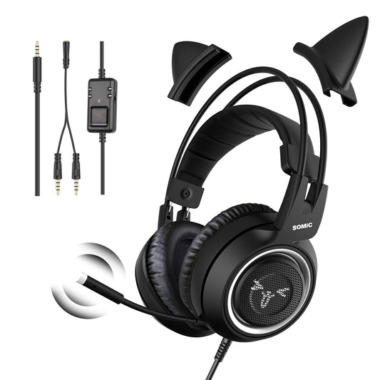 SOMIC Stereo Gaming Headset with Mic for PS4  PS5  Xbox One  PC  Mobile Phone  3.5MM Sound Detachable Cat Ear Headphones Lightweight Self-Adjusting Over Ear Office Headphones G951S Black