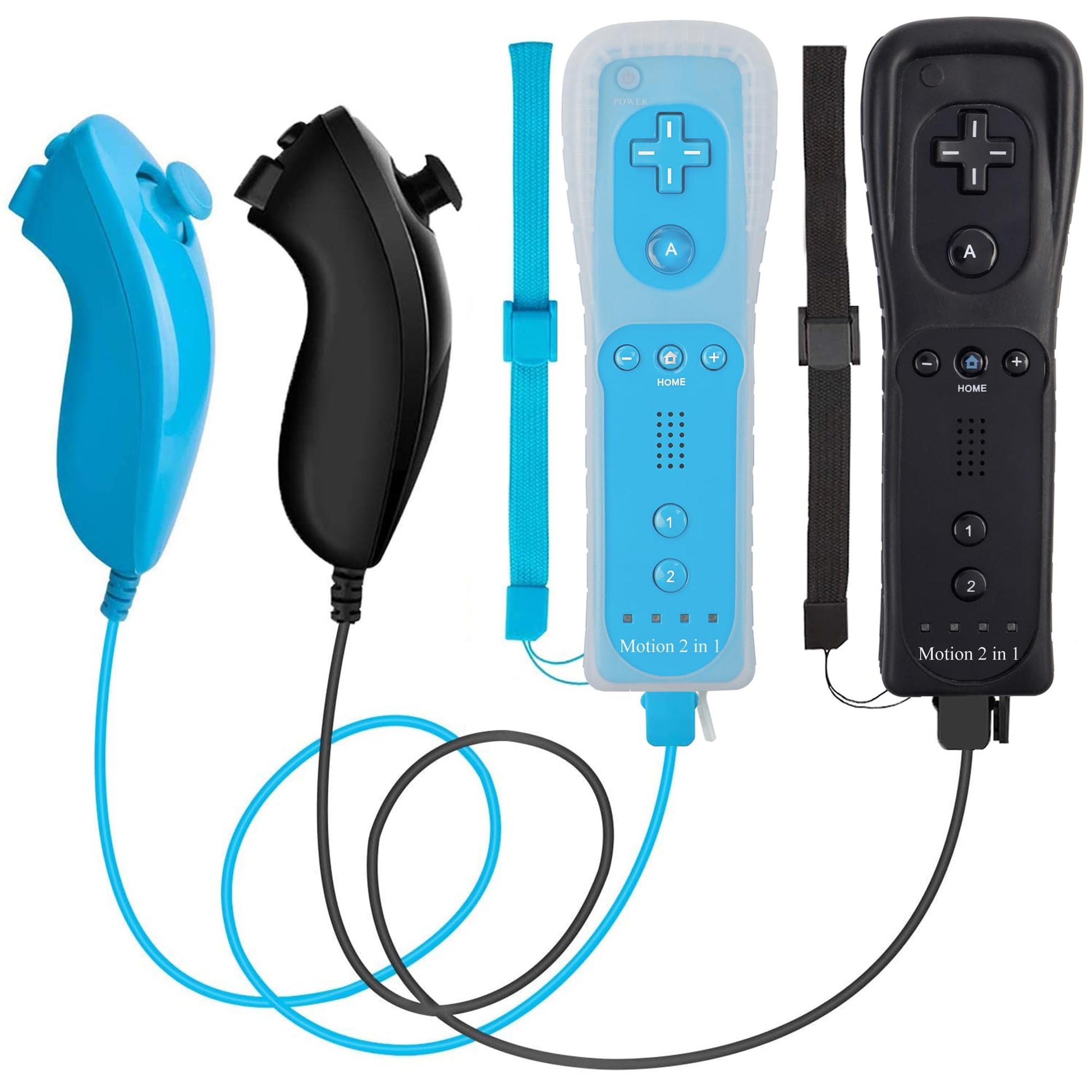 ECRABONE Wii Nunchuck Remote Controller 2 Pack with Motion Plus, Shock Function, Black & Blue