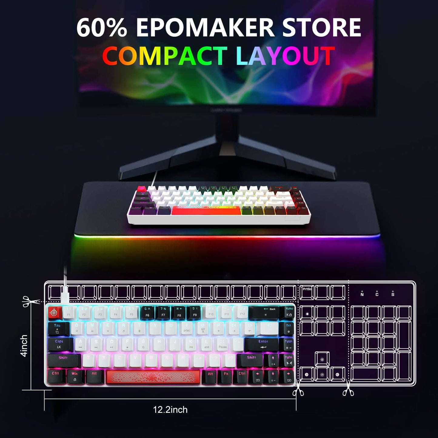 FELICON 60% Wired Mechanical Keyboard, RGB Backlight, Compact 68 Keys, Anti-Ghost, Type-C, White Black & Blue Switch