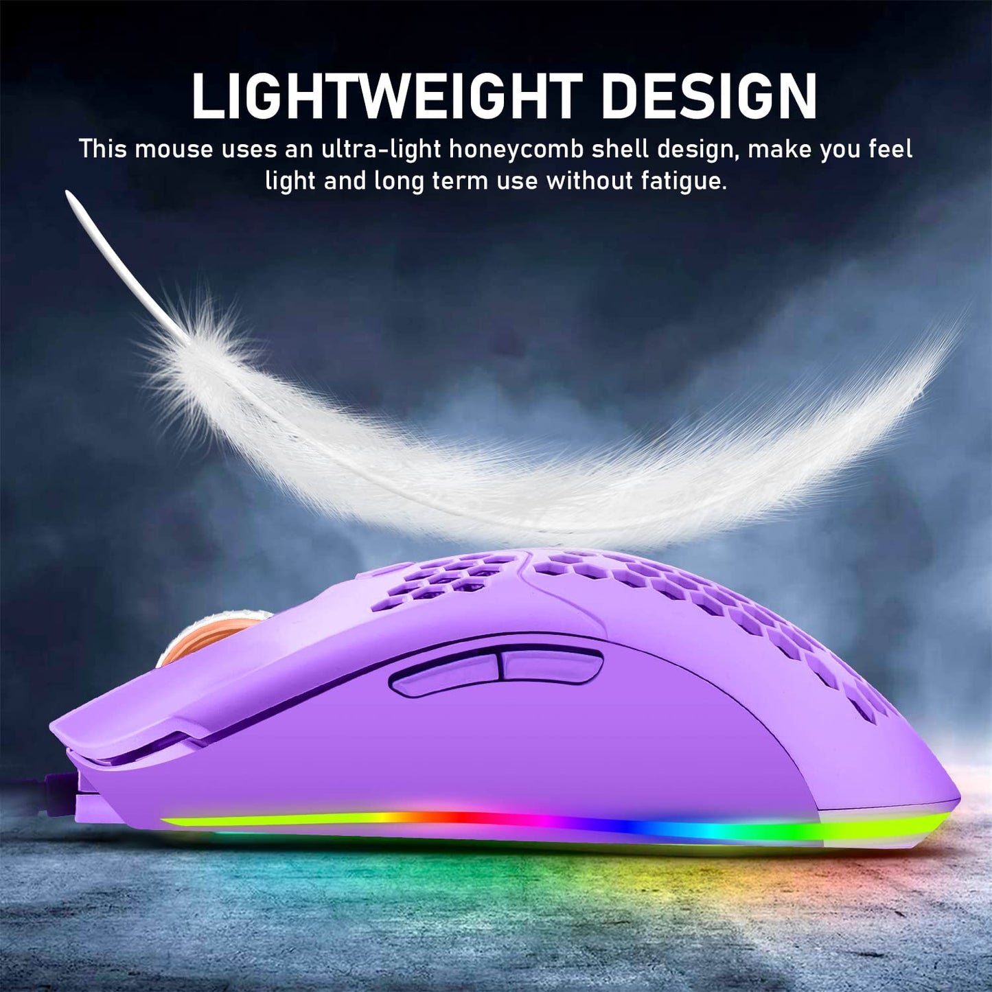ZIYOU LANG Wired Lightweight Gaming Mouse - 6400DPI, 6 RGB Backlit, 7 Programmable Buttons, Ultralight Honeycomb Shell, Purple