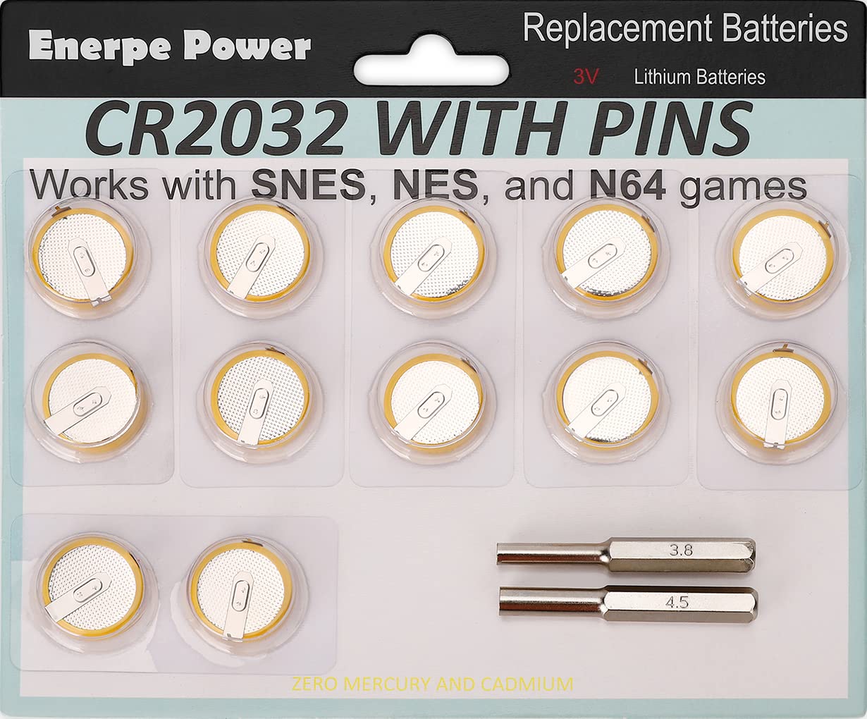 Enerpe CR2032 with Solder Pins 3V Replacement Battery for NES SNES N64 Save Game refill unit 12-Pack