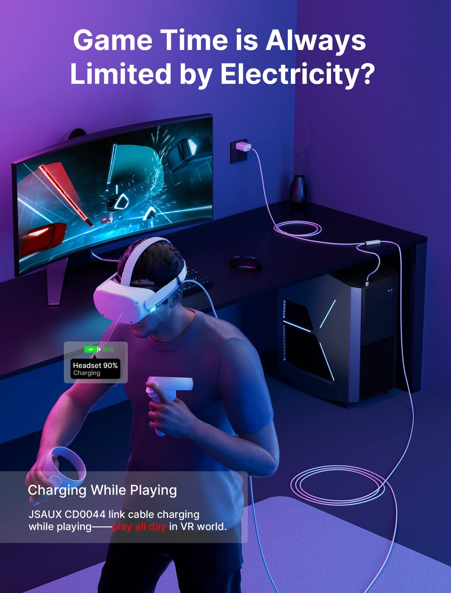 JSAUX 16FT Link Cable for Meta/Oculus Quest 3/2 - Nylon Braided, White, USB 3.0, Charging While Playing