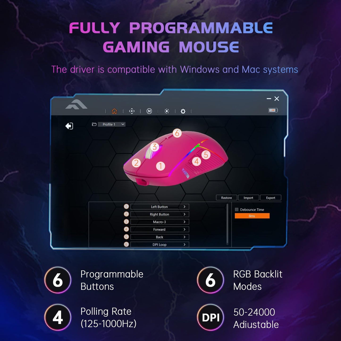 FFJ Wireless Gaming Mouse, 24000 DPI, RGB, Tri-Mode 2.4G/USB-C/Bluetooth, Rechargeable, 75Hrs Battery Life, Magenta, Model