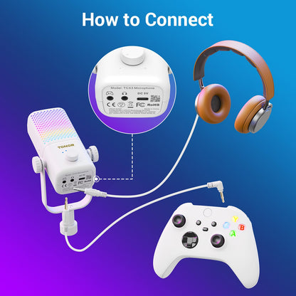TONOR Gaming Mic TCX3+ - RGB Streaming Boom Mic, 30H Battery Life, Low Noise, White, 16.14x5.67x5.04IN