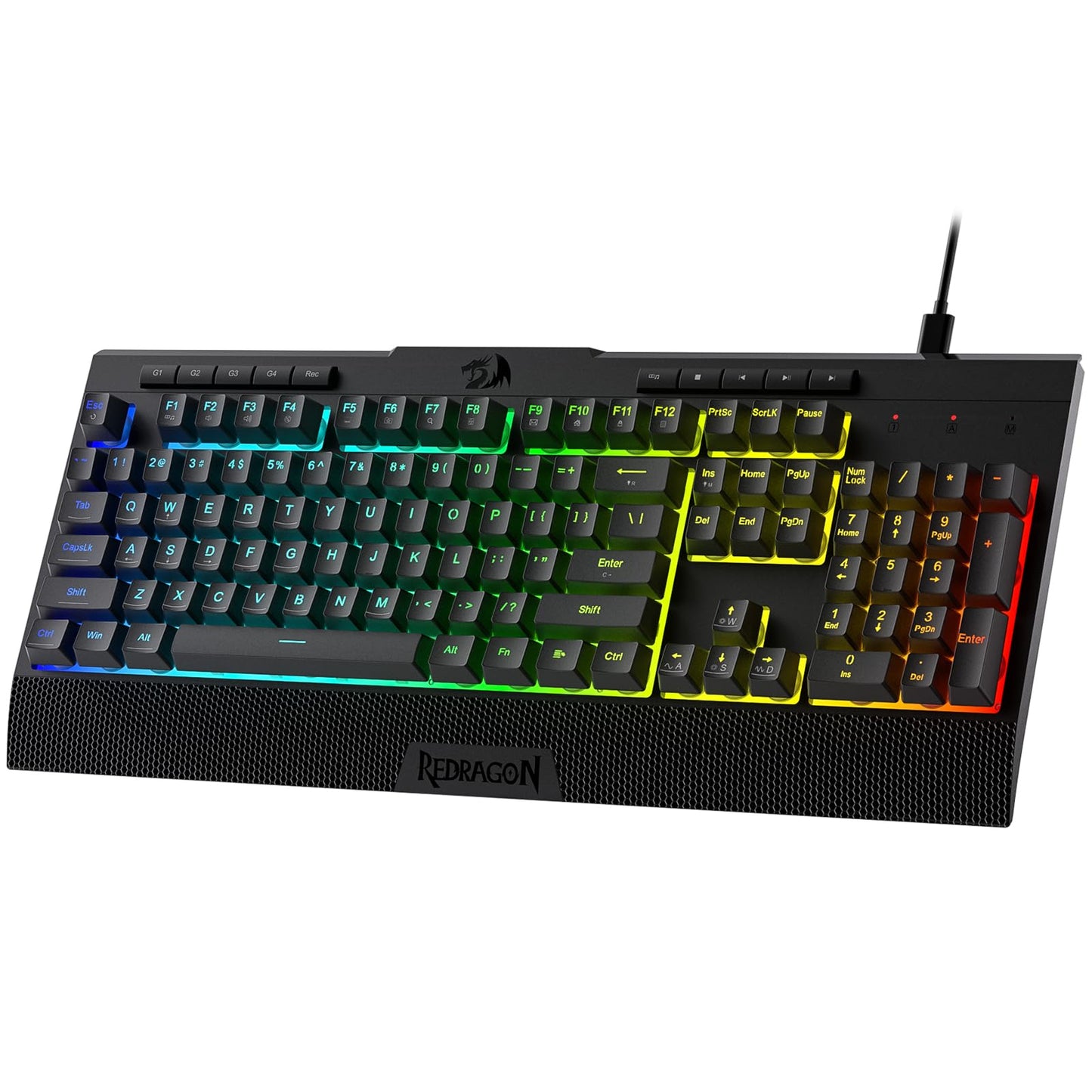 Redragon K525 RGB Backlit 104 Keys Wired Membrane Gaming Keyboard w/ 5 Multimedia Keys & 4 Extra On-Board Macro Keys  Dedicated Media Control  Ergonomic Wrist Rest  Linear Mechanical-Feel Switch