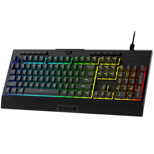 Redragon K525 RGB Backlit 104 Keys Wired Membrane Gaming Keyboard w/ 5 Multimedia Keys & 4 Extra On-Board Macro Keys  Dedicated Media Control  Ergonomic Wrist Rest  Linear Mechanical-Feel Switch