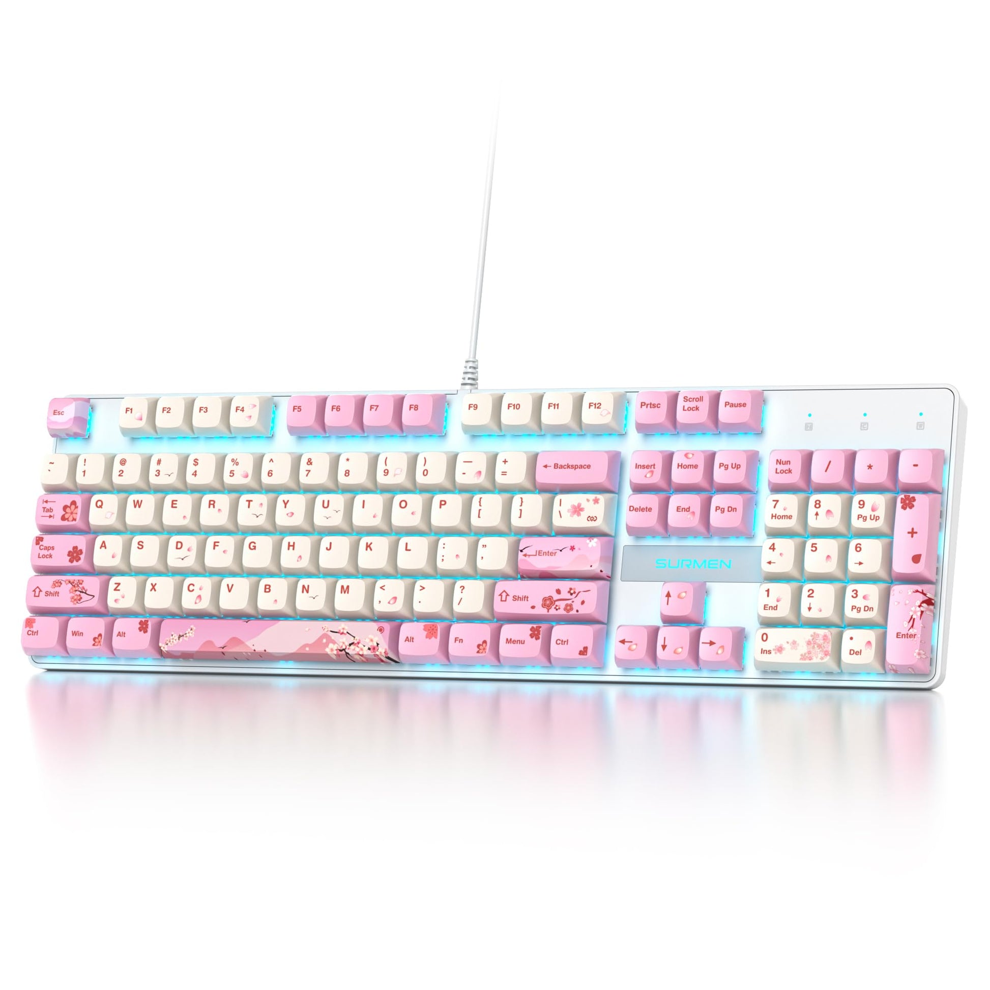 Ussixchare Full Size Mechanical Keyboard  Creamy Keyboard with Number Pad  104 Keys Pink Wired Gaming Keyboard with Red Switch  RGB Backlit for PC Laptop