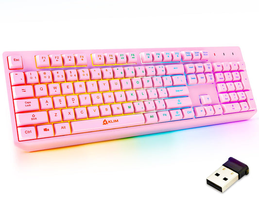 KLIM Chroma Pink Wireless Keyboard - RGB Backlit  Rechargeable Battery  Wireless Keyboard with Water-Resistant Durable Design  Compatible with PC  Mac  PS4  PS5
