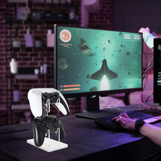 FYY Game Controller Holder - 2-Tier Acrylic Stand with Headphone Holder, Universal for Nintendo Switch, Xbox, PS5/PS4, White, Model 1897