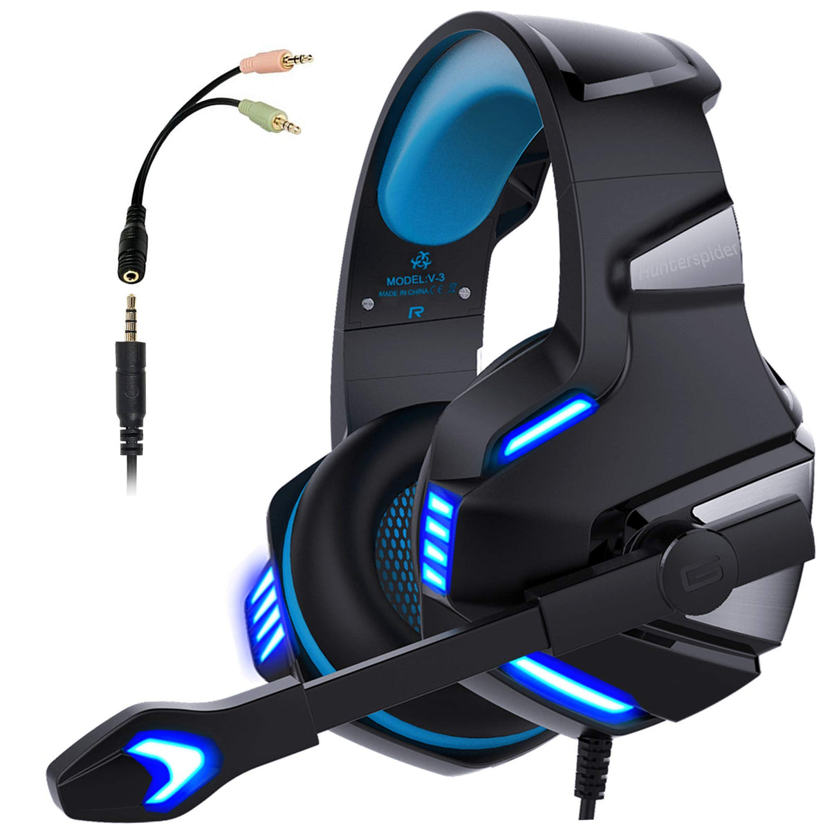 Gaming Headset for Xbox one Ps4, Gamer Headphone with Mic, Over ear Bass Stereo, Noise Reduction Microphone, LED Lights and Volu