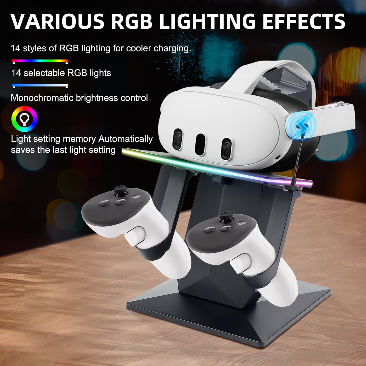 YIBEICO RGB Charging Dock for Quest 3/3S/2/Pro - Vertical Stand with Brightness and 14 Lighting Effects, Type-C Port, Model Y75463