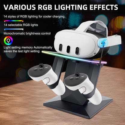YIBEICO RGB Charging Dock for Quest 3/3S/2/Pro - Vertical Stand with Brightness and 14 Lighting Effects, Type-C Port, Model Y75463