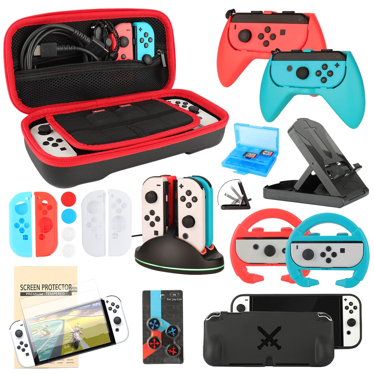 Accessories Bundle for Nintendo Switch OLED Model(2021): Super Kit with Carrying Case  Screen Protector  Steering Wheels  Joycon Grips  Charging Dock  Playstand  Protective case and More (23 in 1)