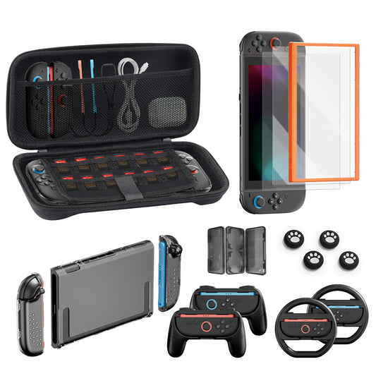 Switch 2 Accessories Bundle for Nintendo  16 in 1 Game Kit: Carrying Case  Two Screen Protector with Alignment Frame  Steering Wheel for Mario Kart  Grip for joycon Controller Console Protective Cover