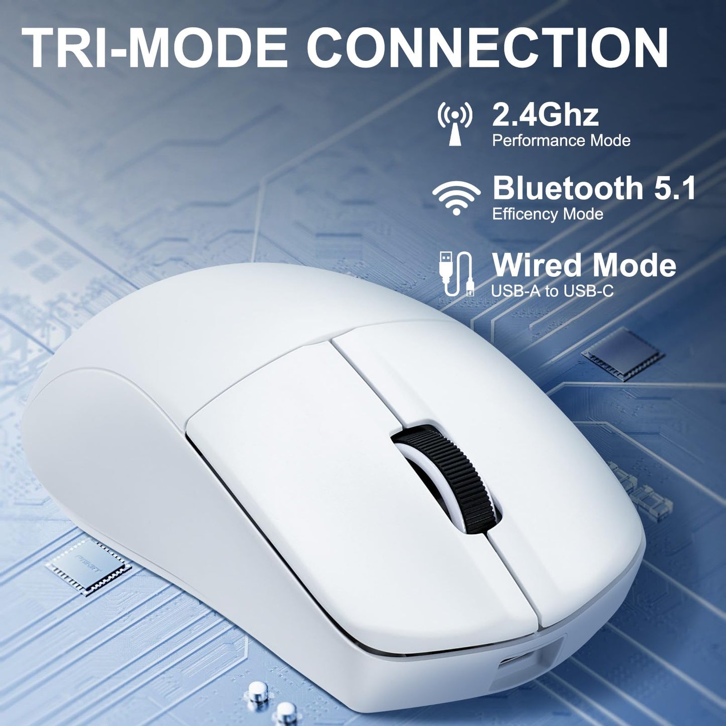 HUO JI Wireless Gaming Mouse - 49g Ultra-Light, 26,000 DPI, Bluetooth 5.1, 150 Hr Battery, Model X-44, White